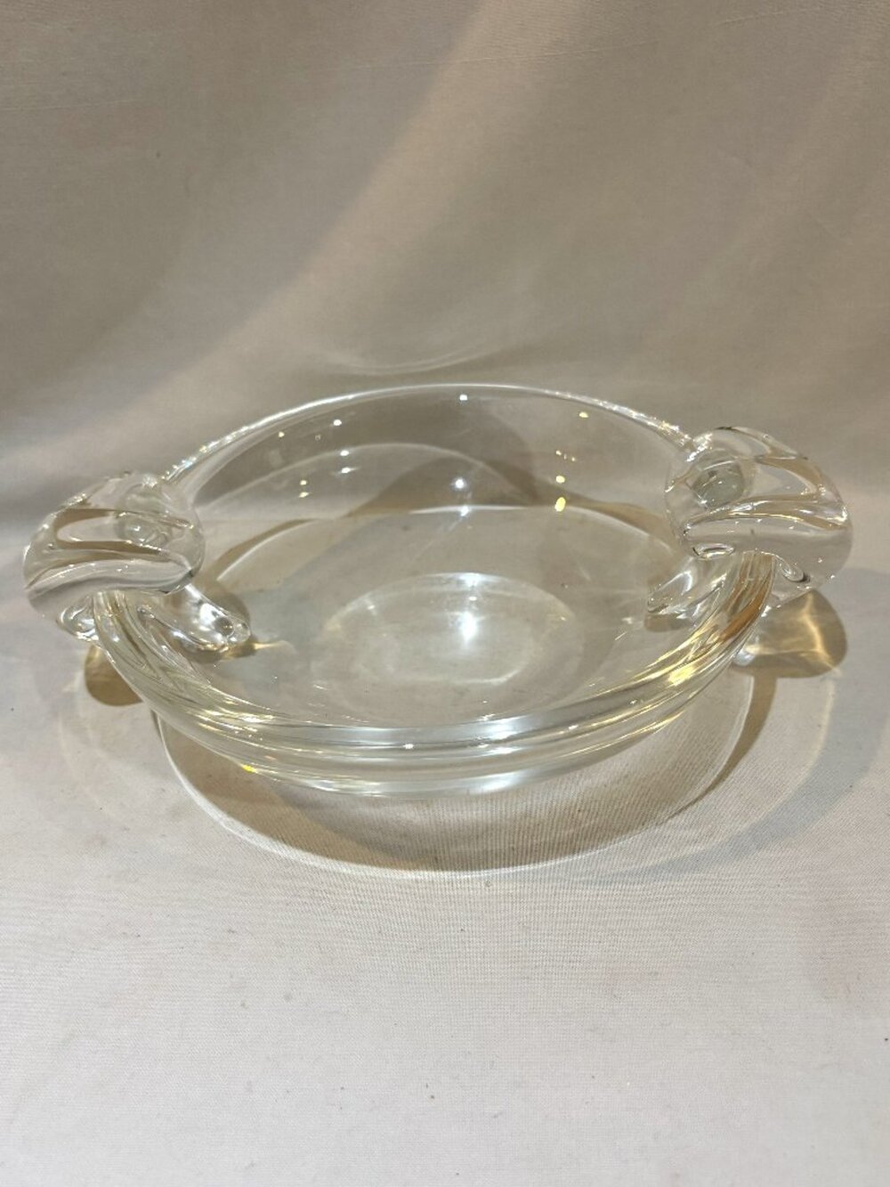 VTG Steuben Crystal Art Glass Candy Bowl Ashtray Double Snail Handles Signed
